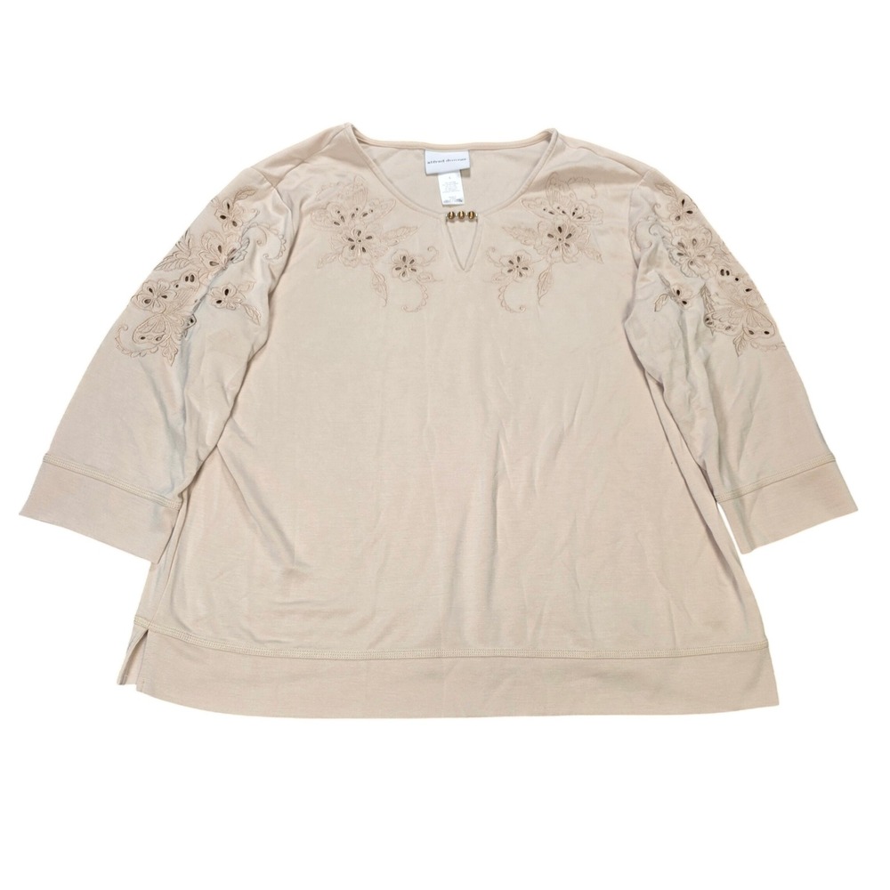 Alfred Dunner Floral Embroidered Keyhole Top Women's Size L Tan 3/4 Sleeve Knit
